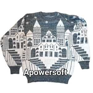 Vintage Grey & White Cityscape Intarsia Sweater